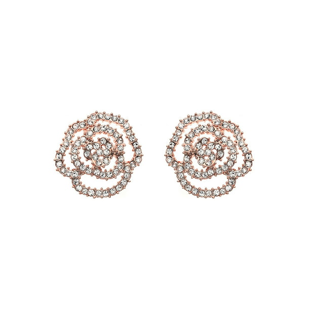 Rose Gold or Rhodium Plated Rose Stud Earrings with Crystals 14K Gold 